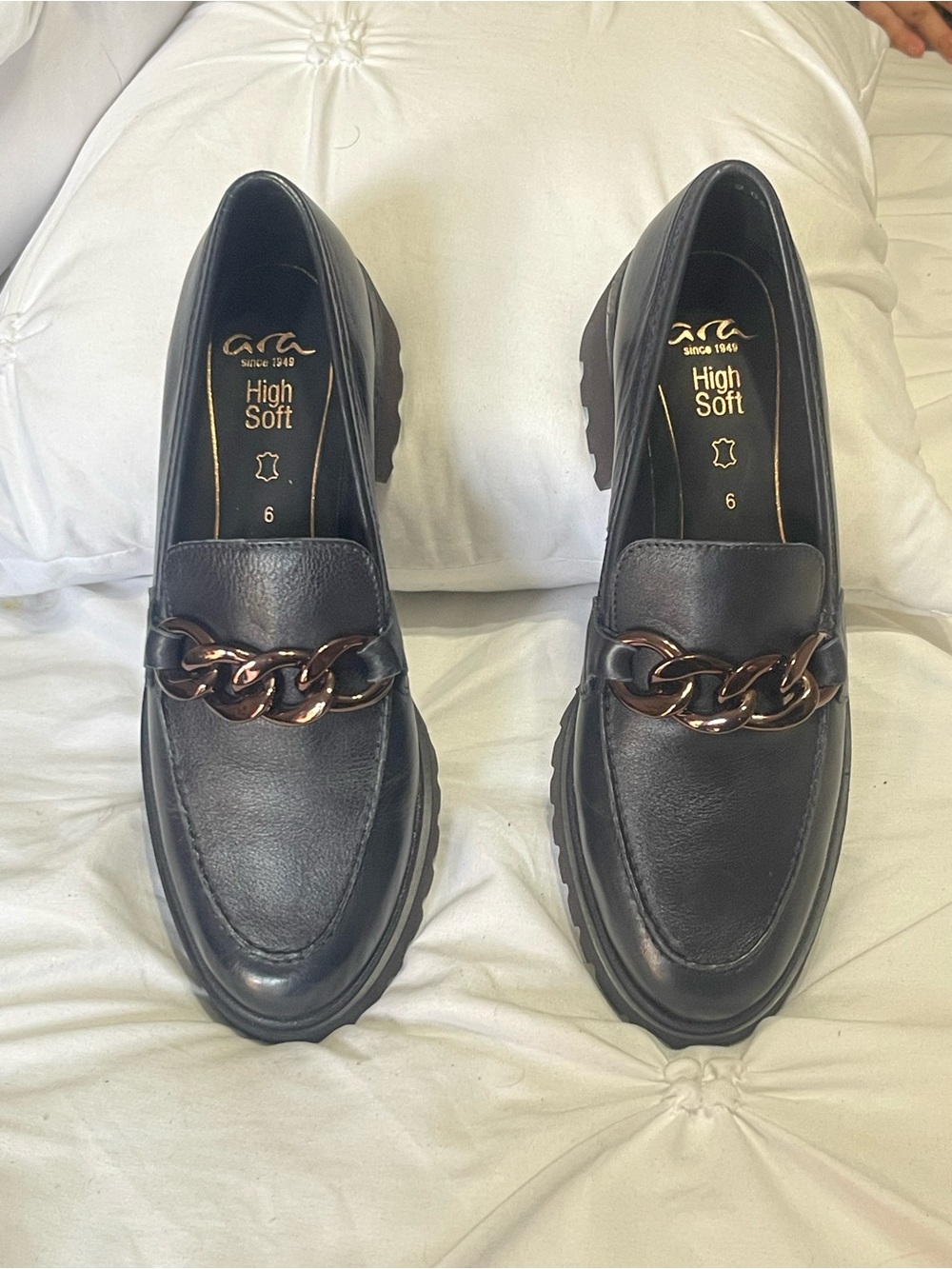 Ara Black Leather Slip-On Loafers with Metallic Chain Detail